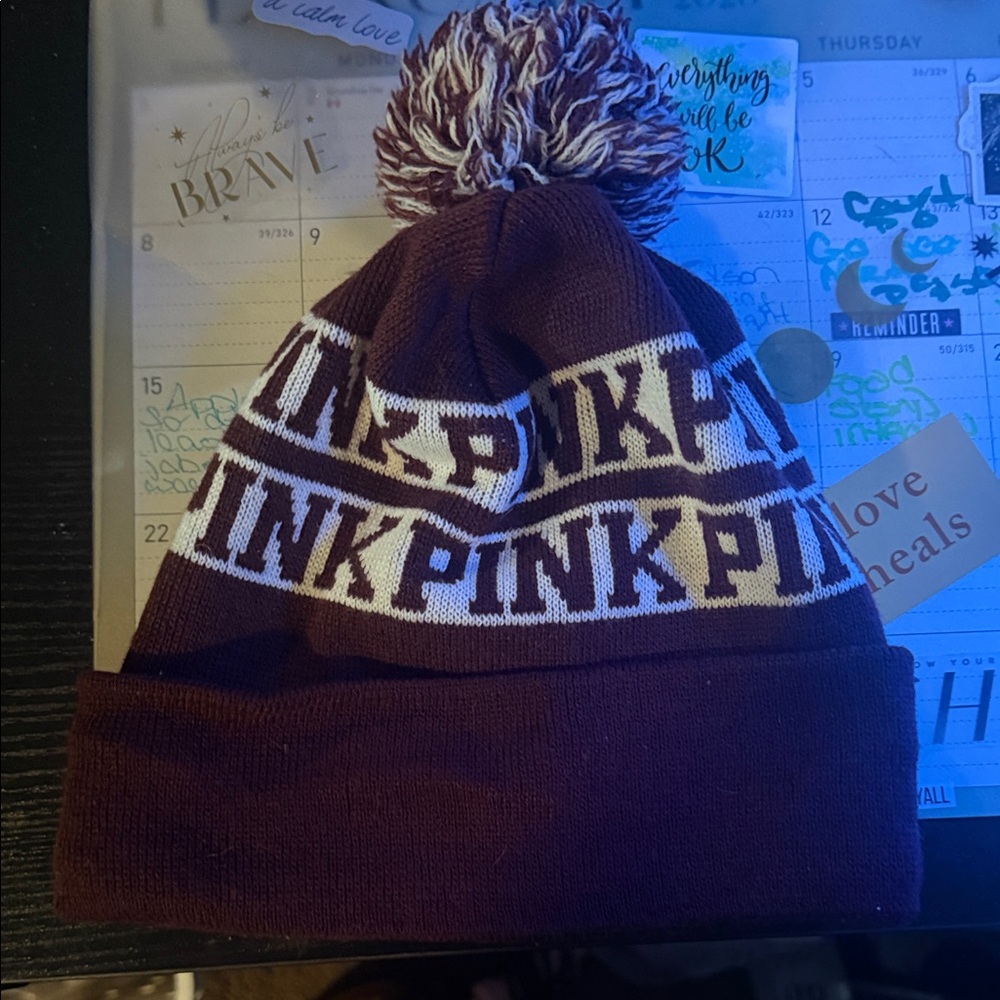 PINK Victoria's Secret Pom-Pom Beanie - Maroon and White